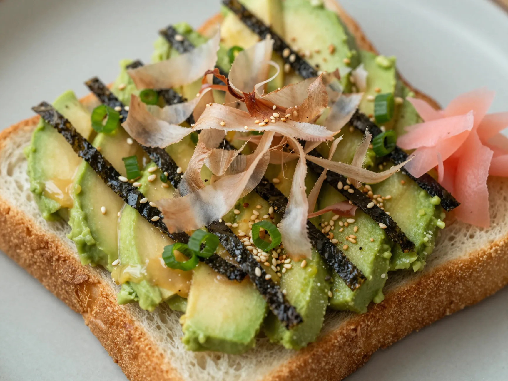 Bonito flake and soy glazed avocado toast