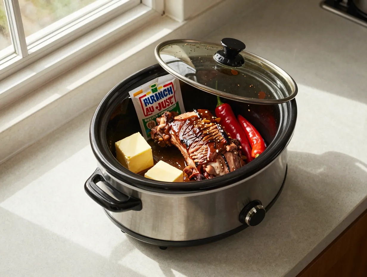 Early morning crockpot setup on a sunlit kitchen counter