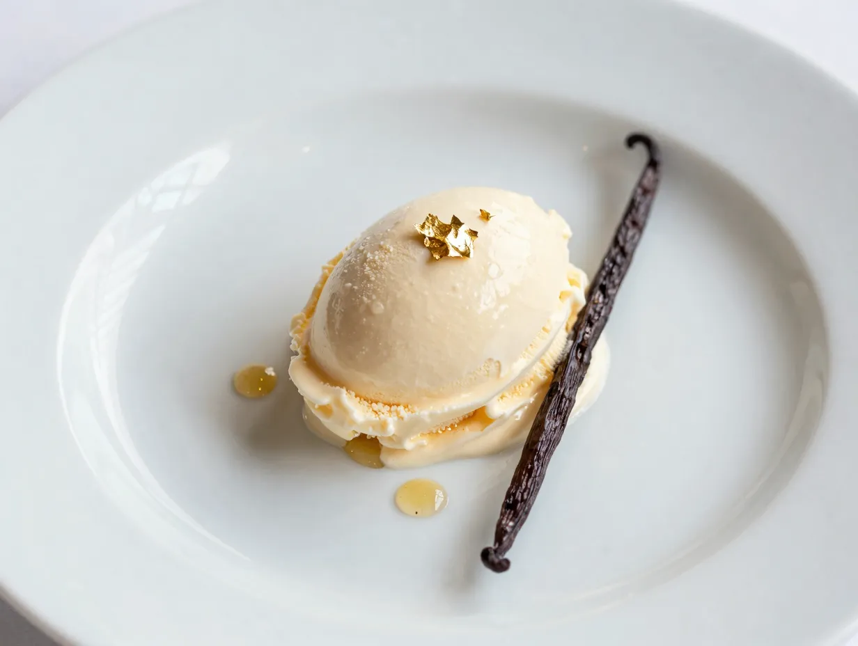 The gold leaf and vanilla bean minimalist plating