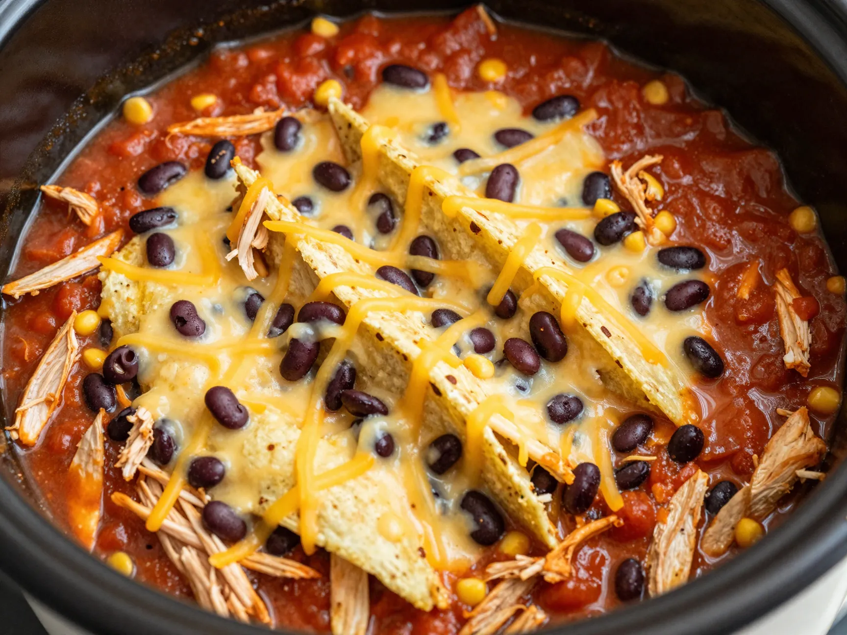 Shredded chicken enchilada bake inside a ceramic crock