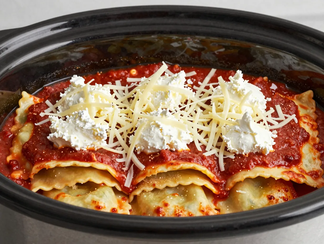 Layered frozen ravioli and cheese in a slow cooker
