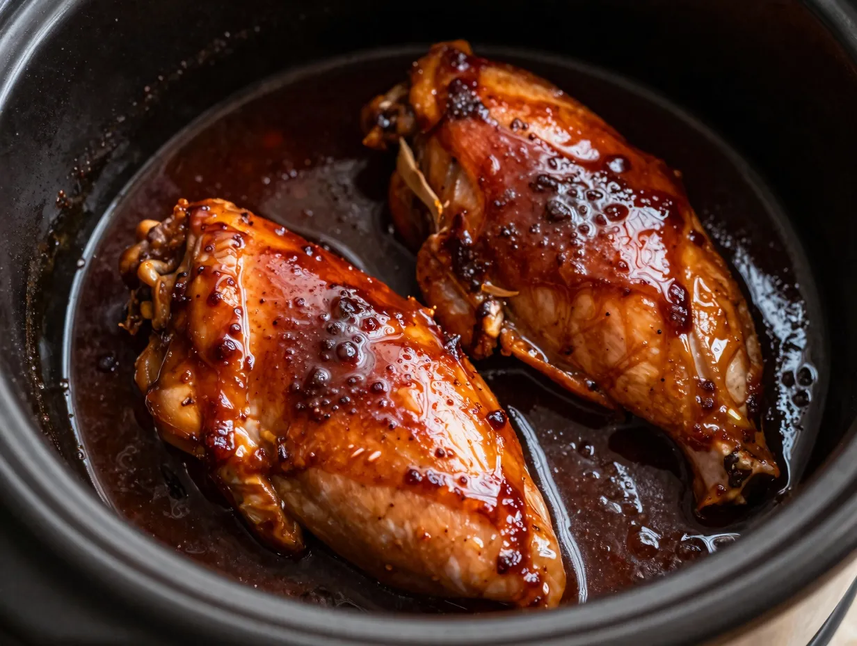 Boneless chicken breasts coated in dark bbq sauce