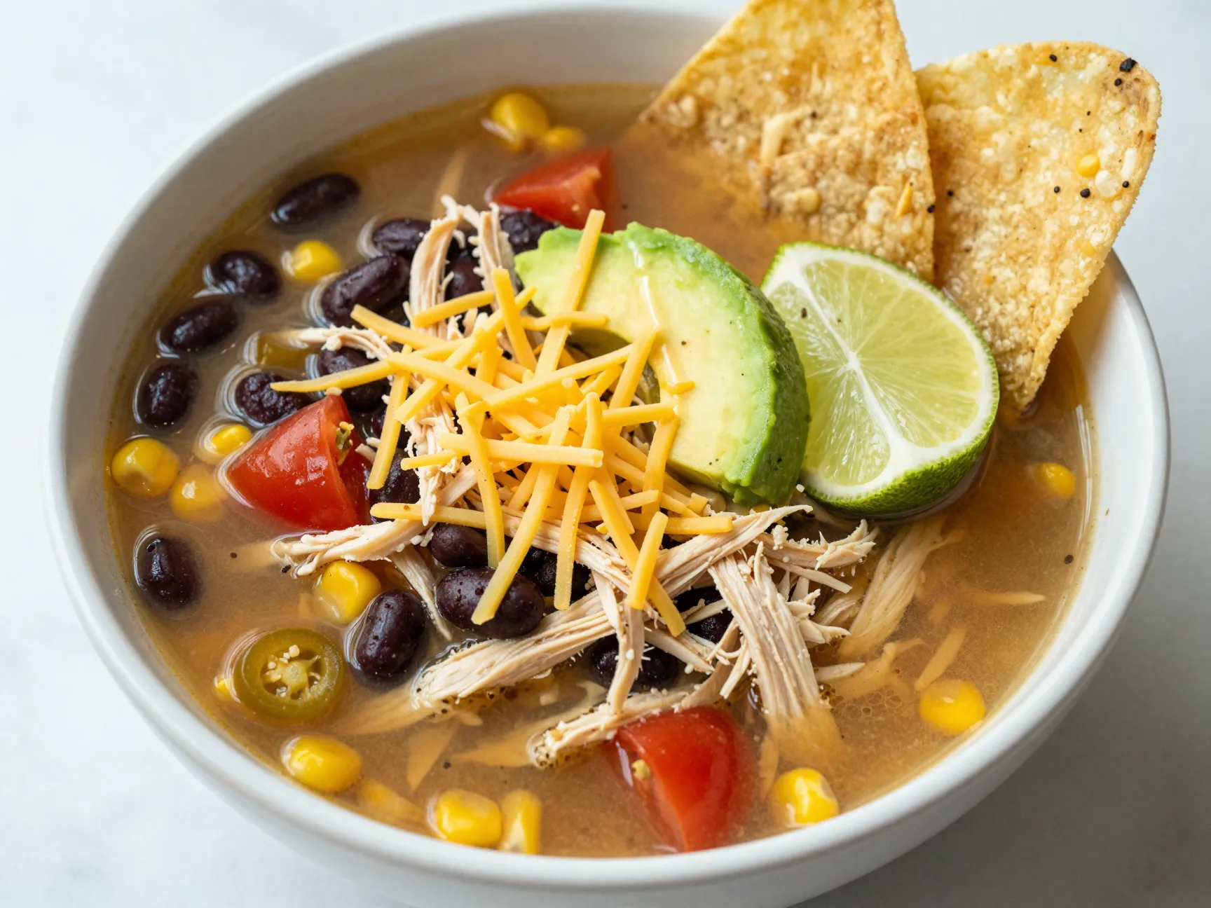 Chicken tortilla soup with colorful toppings in a bowl