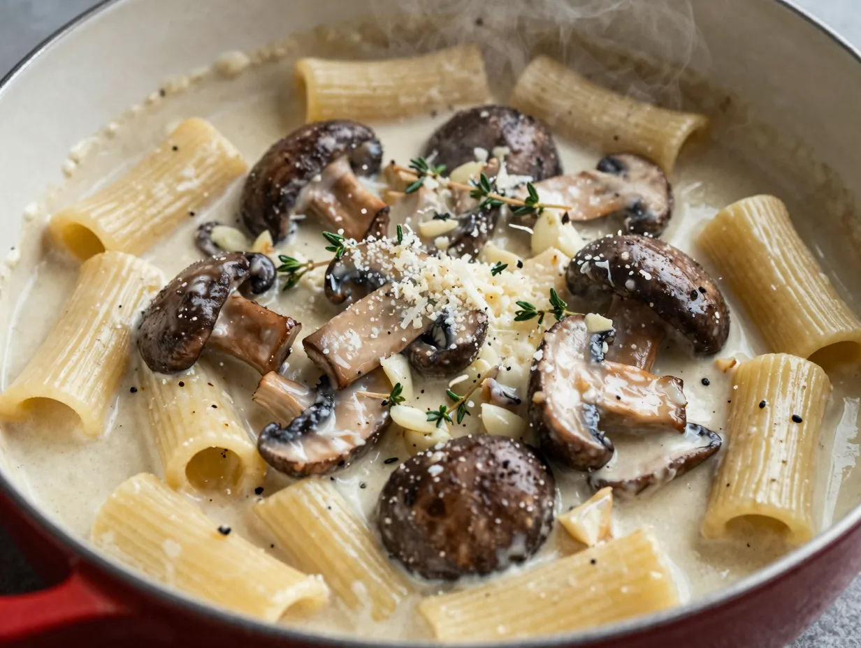 One pot cheesy mushroom pasta