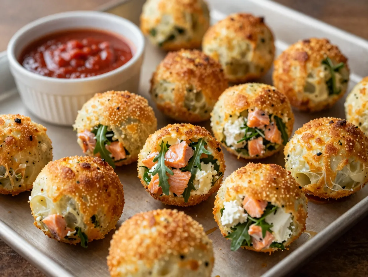Salmon and arugula cheese balls