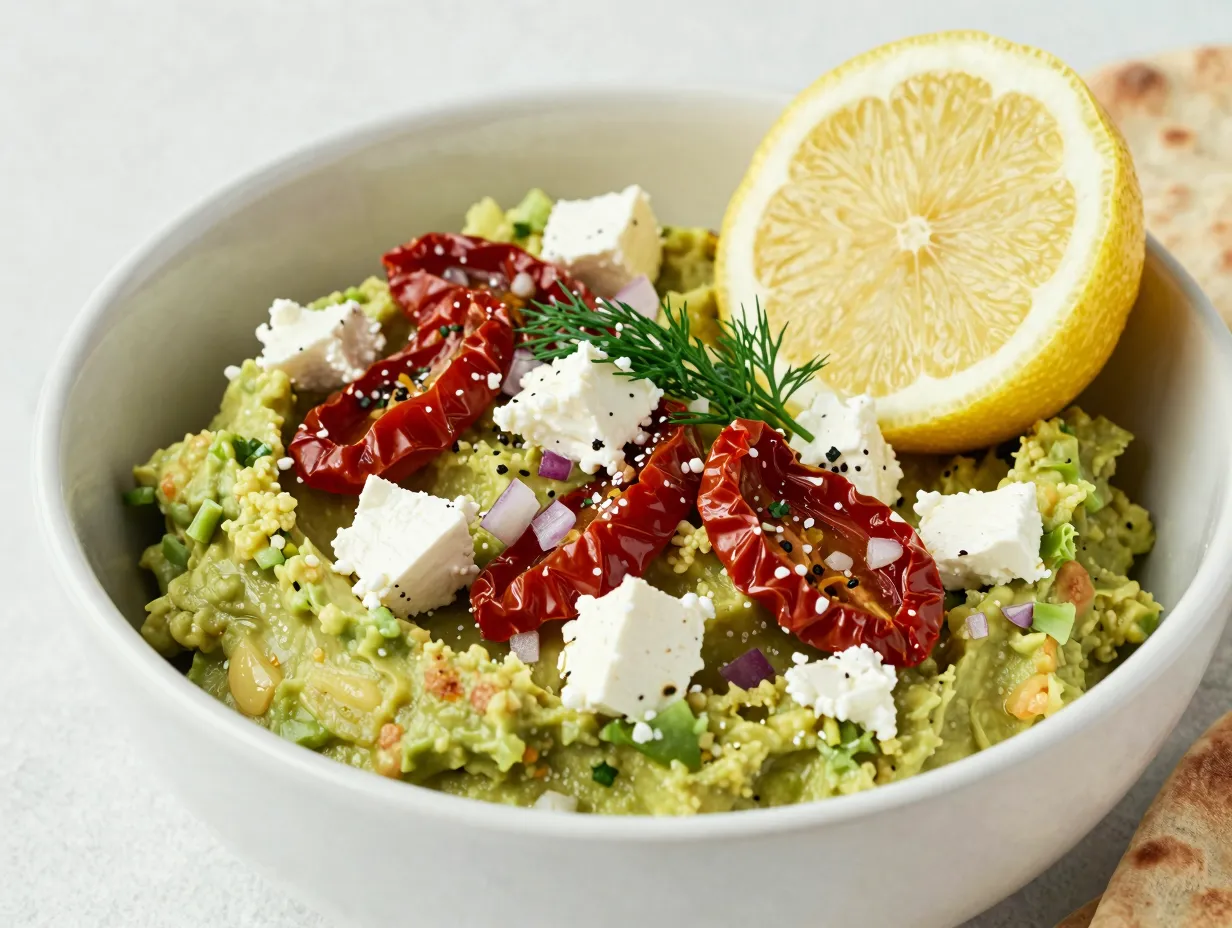 Greek inspired guacamole with feta and sun dried tomato