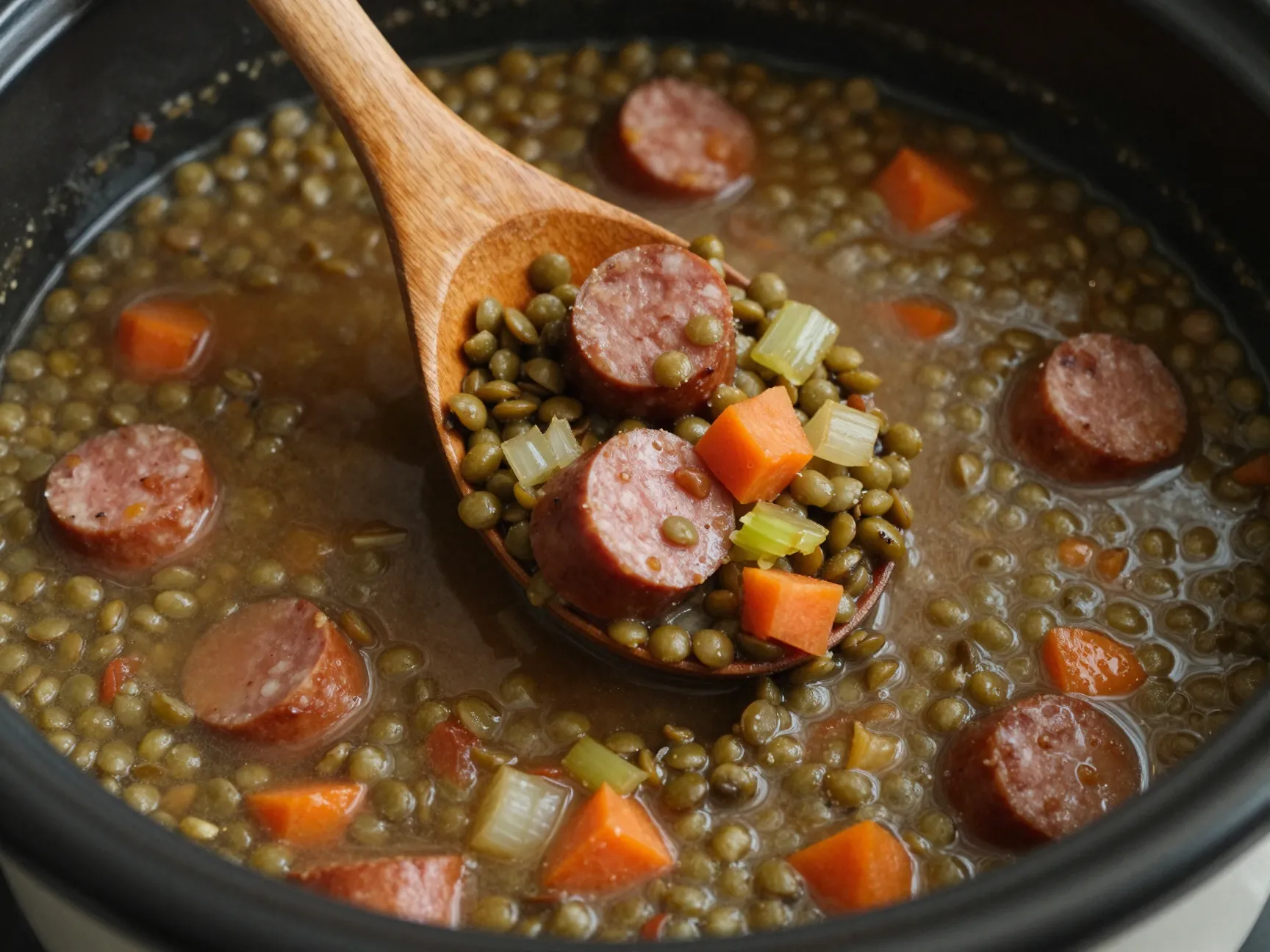 Thick lentil and smoked sausage stew in a crock