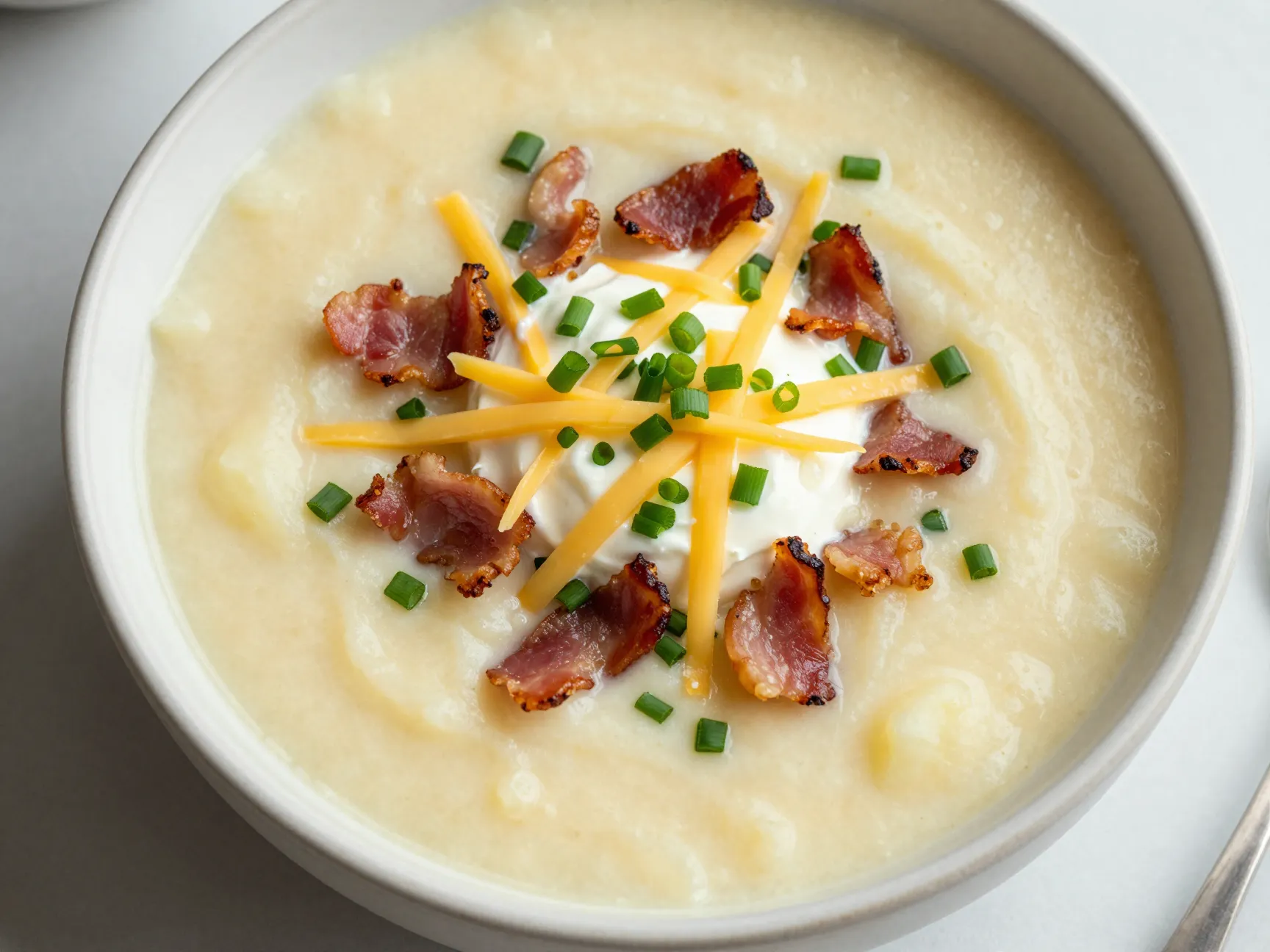Creamy yukon gold potato soup with toppings