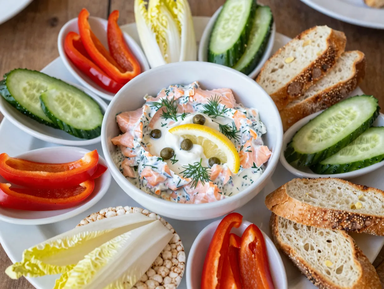Smoked salmon dip with crackers and vegetables