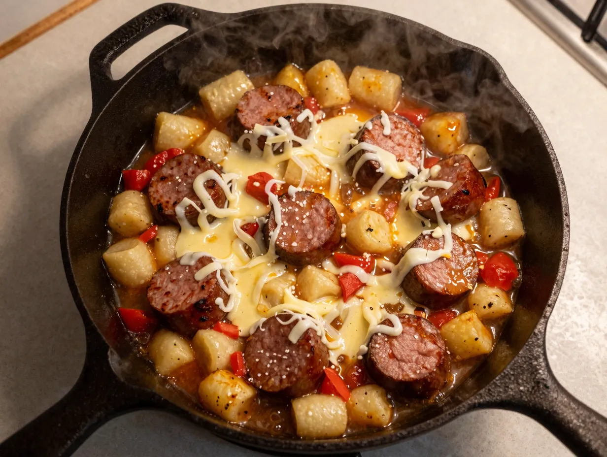 Cheesy sausage gnocchi simmers in a deep skillet