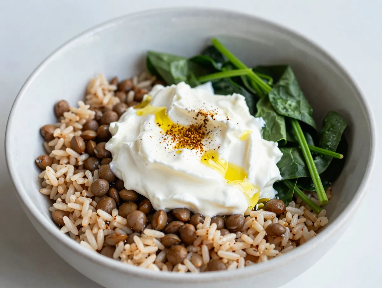 Lentil rice bowl with spinach and yogurt dollop