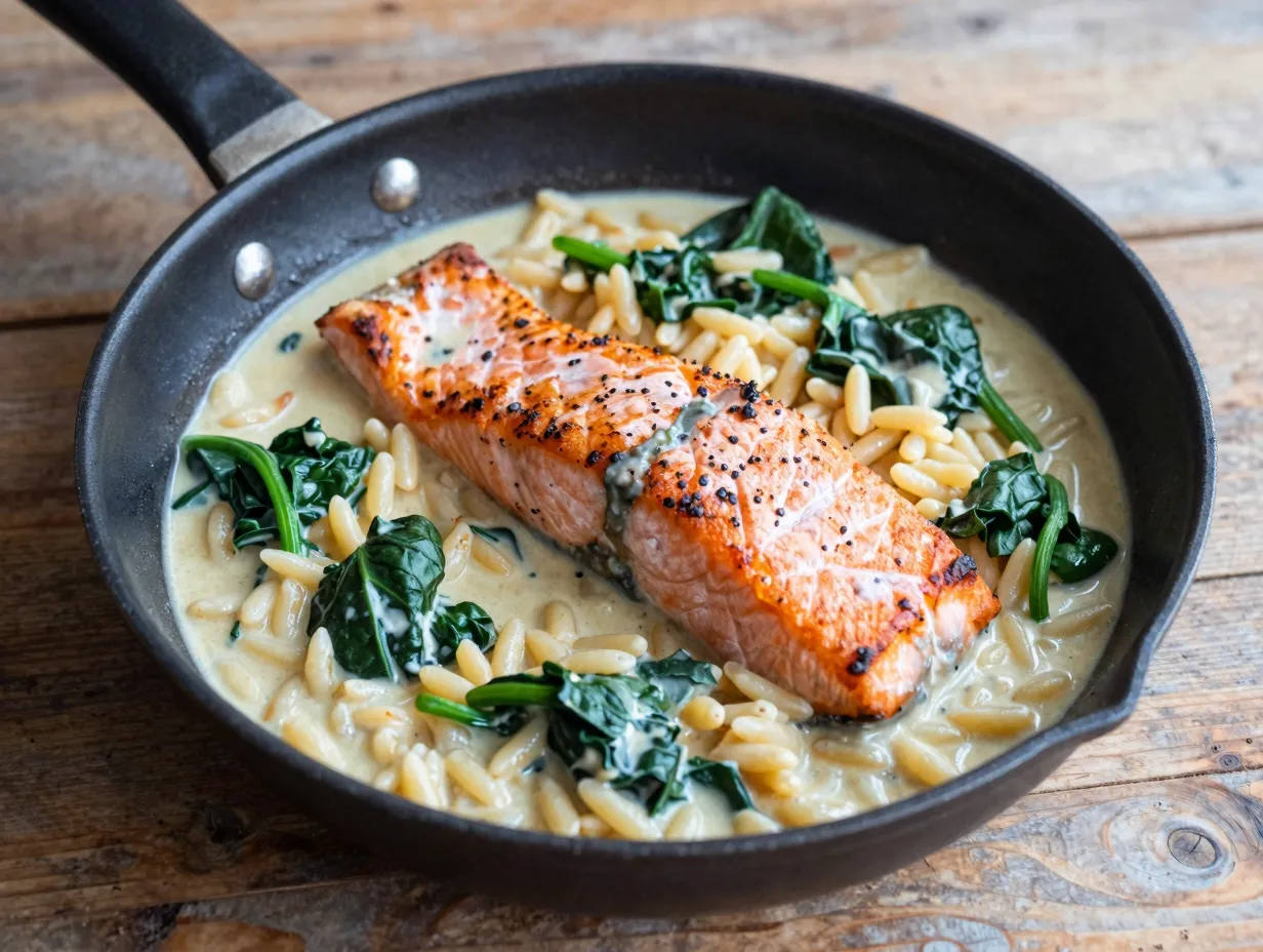Marry me salmon with orzo and spinach