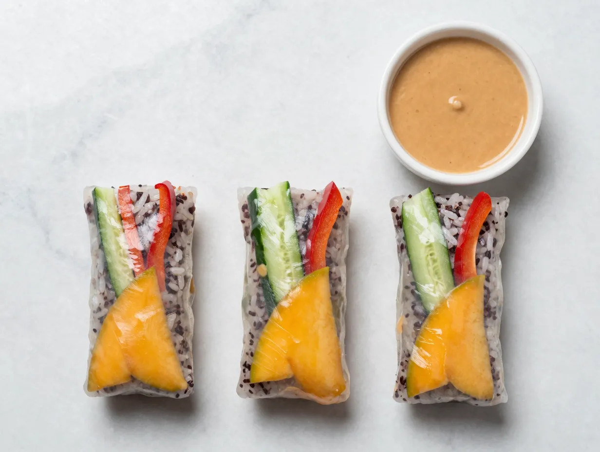 Garlic sesame peanut sauce with sushi rice rolls