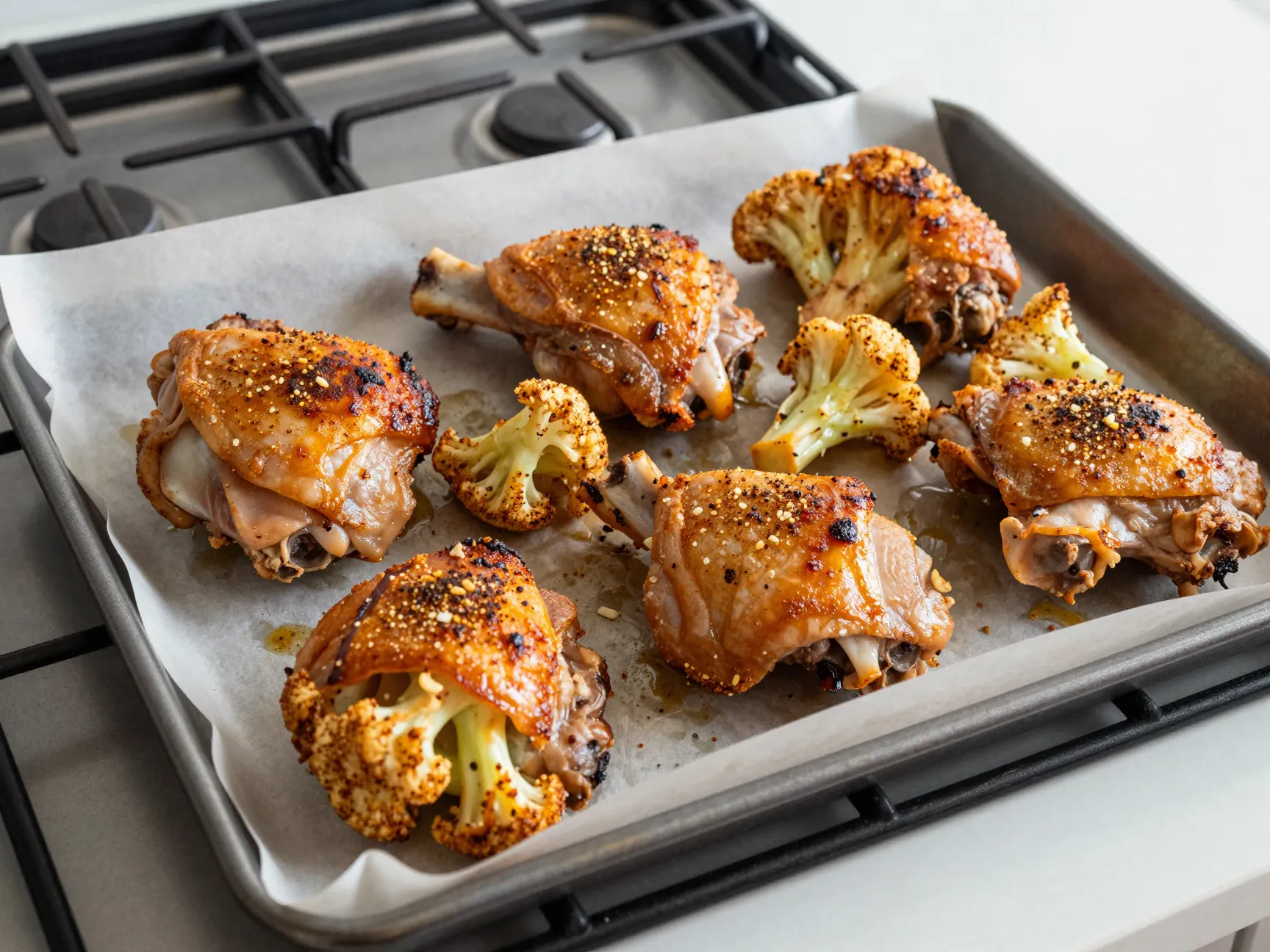 Roasted chicken and cauliflower on a sheet pan