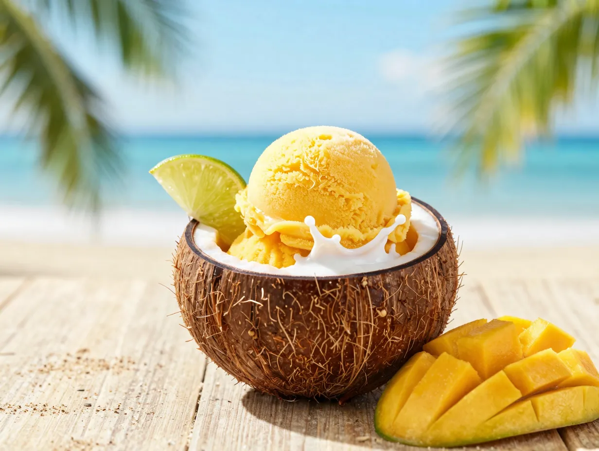 Coconut mango sorbet vegan and refined sugar free