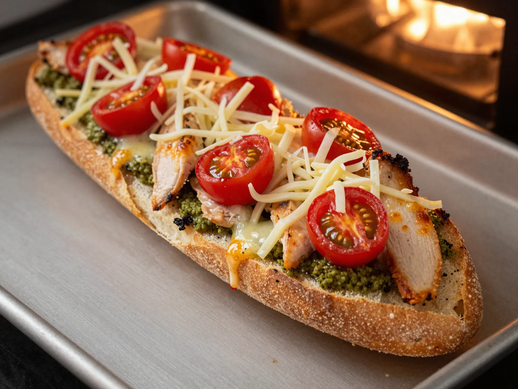 French bread pizza with pesto chicken broiling