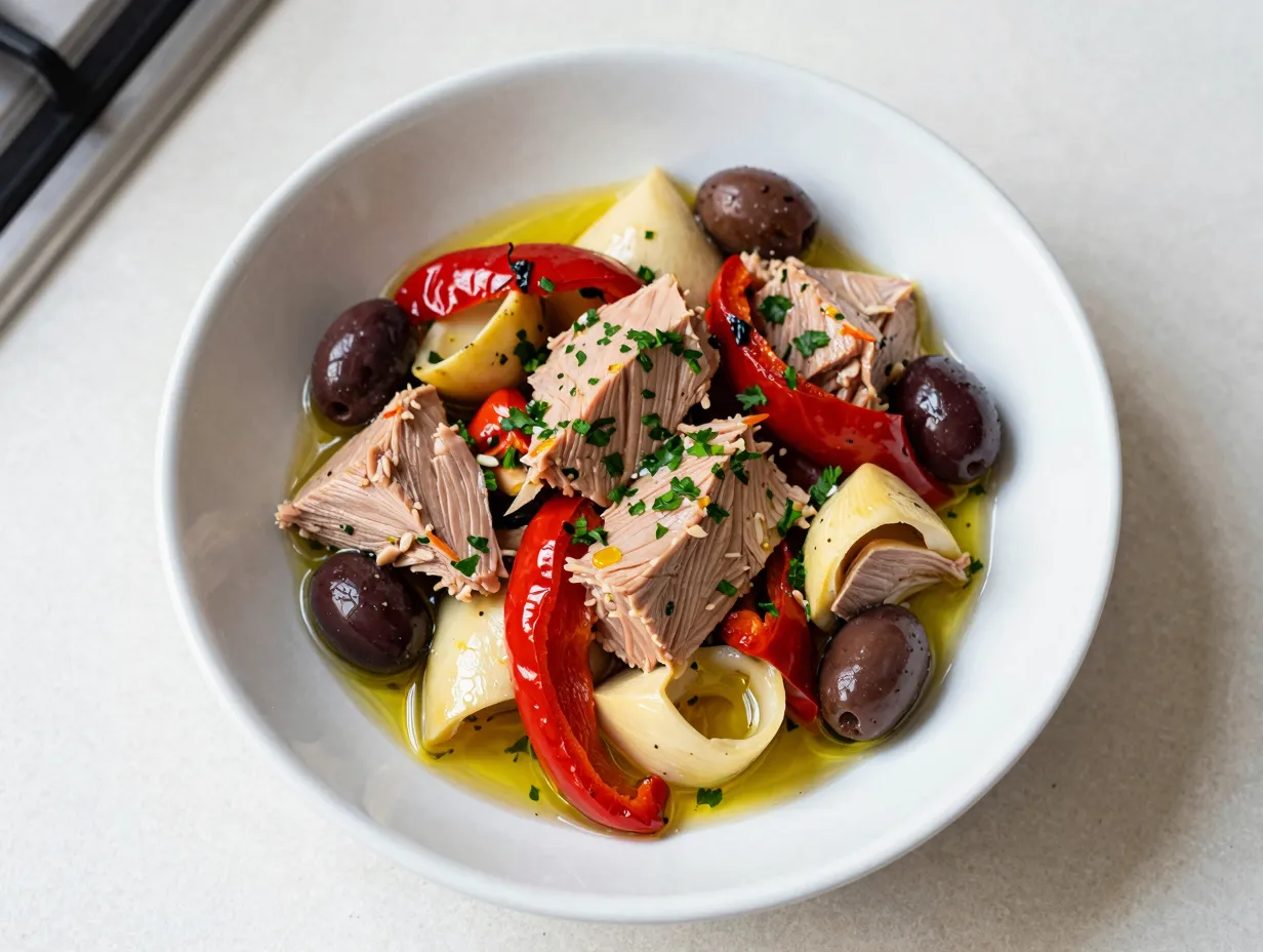 Antipasto tuna salad arranged in a ceramic bowl