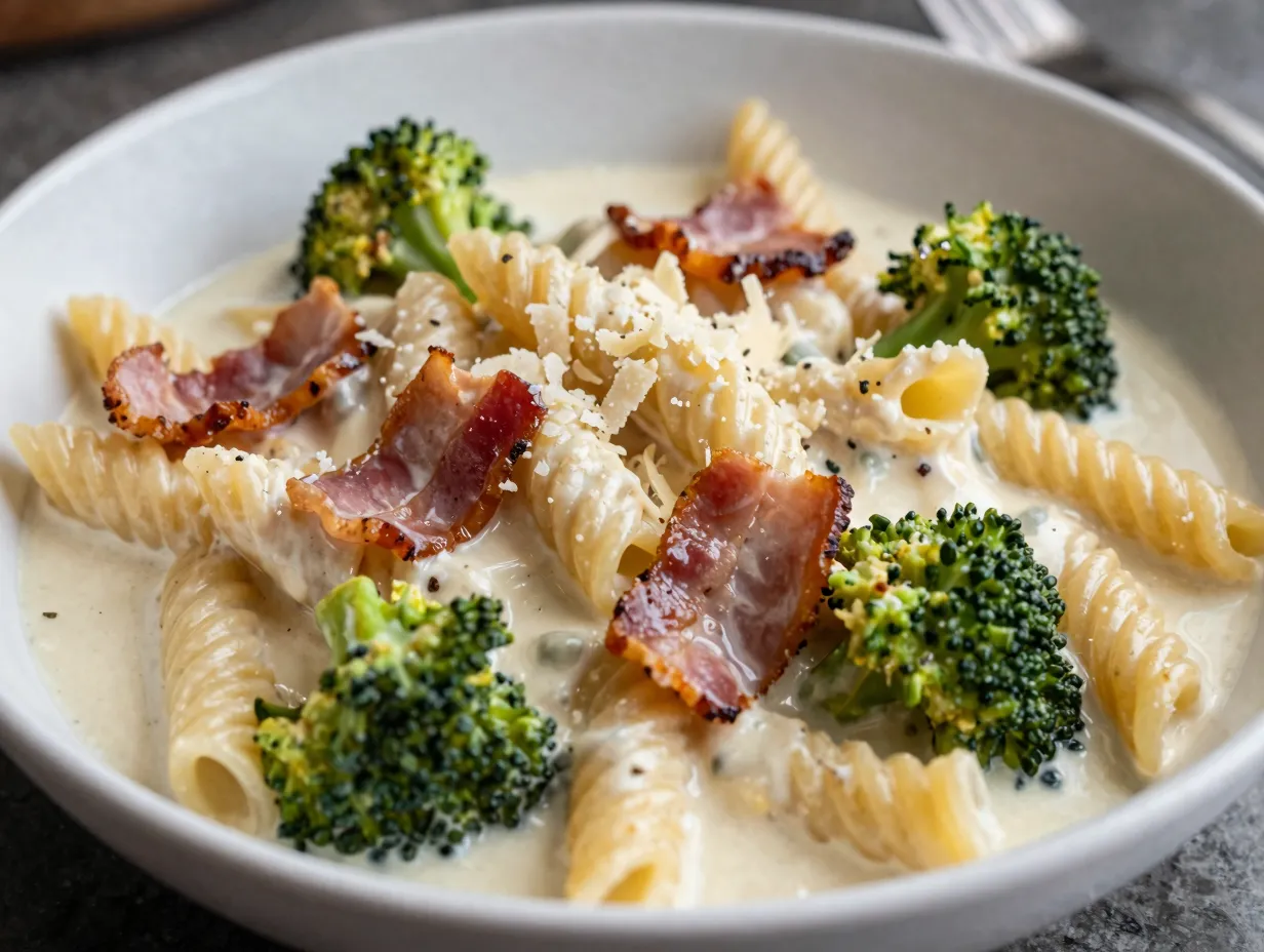 Creamy ditalini pasta with bacon and broccoli