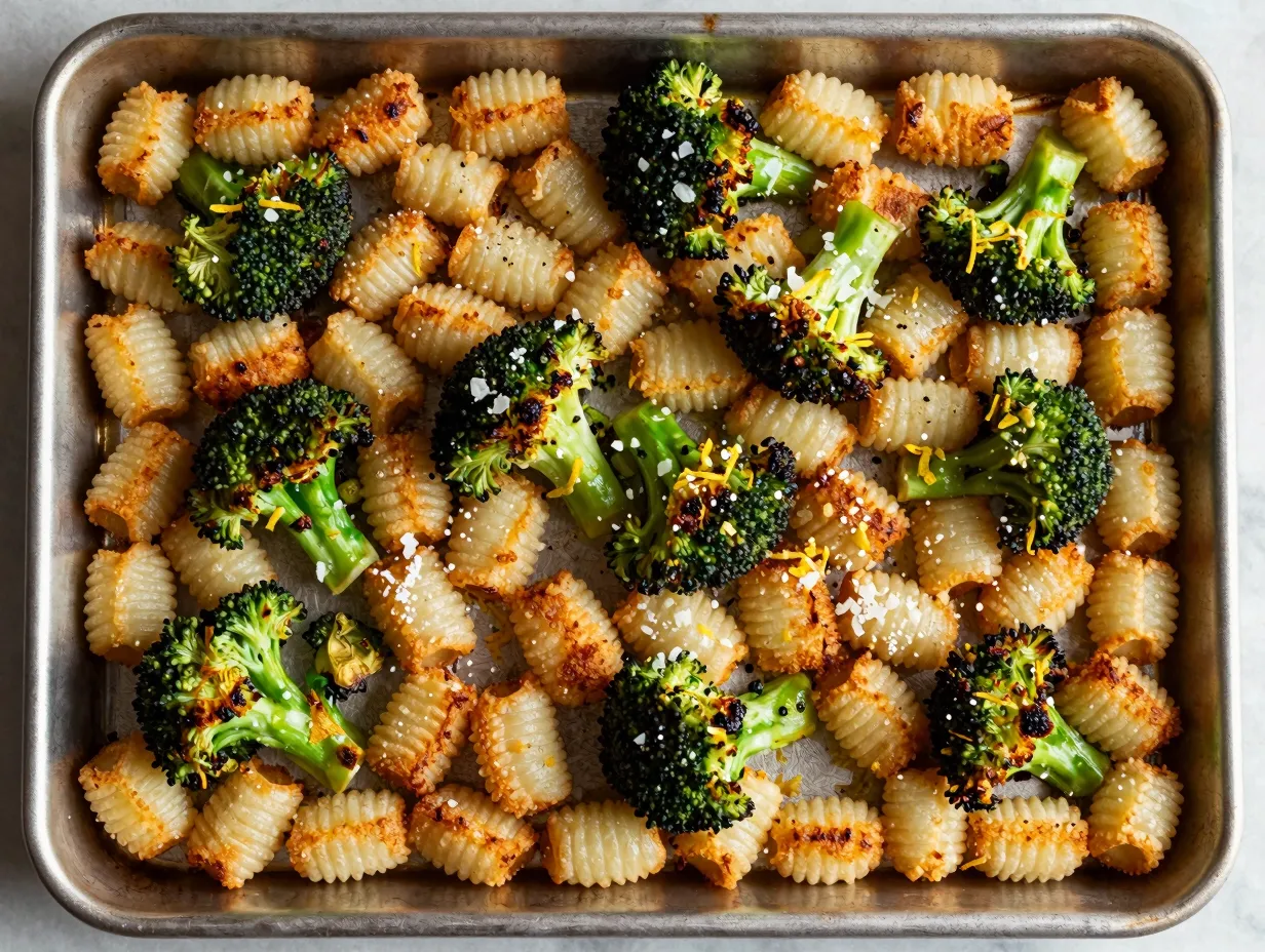 Crispy roasted gnocchi and broccoli on sheet pan