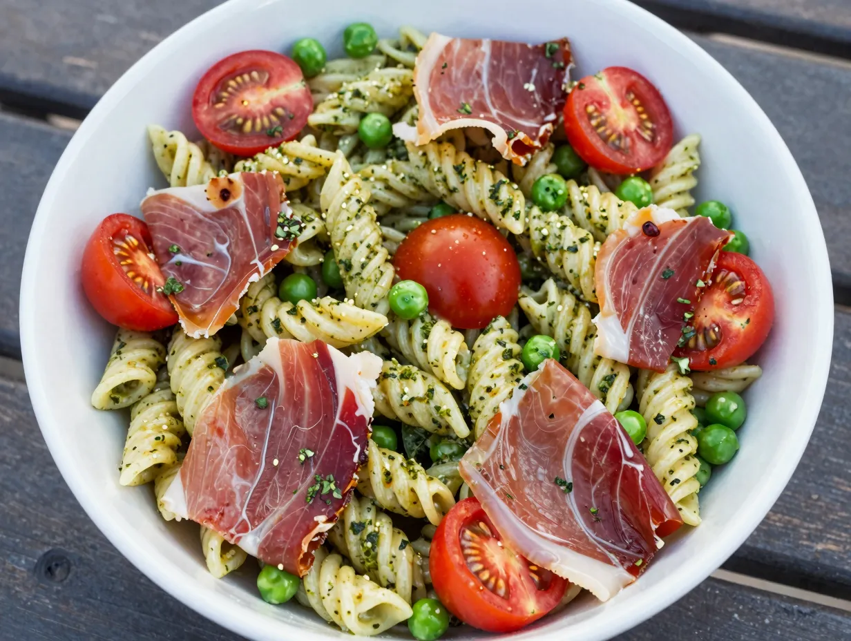 Macaroni salad with creamy parm and pesto dressing