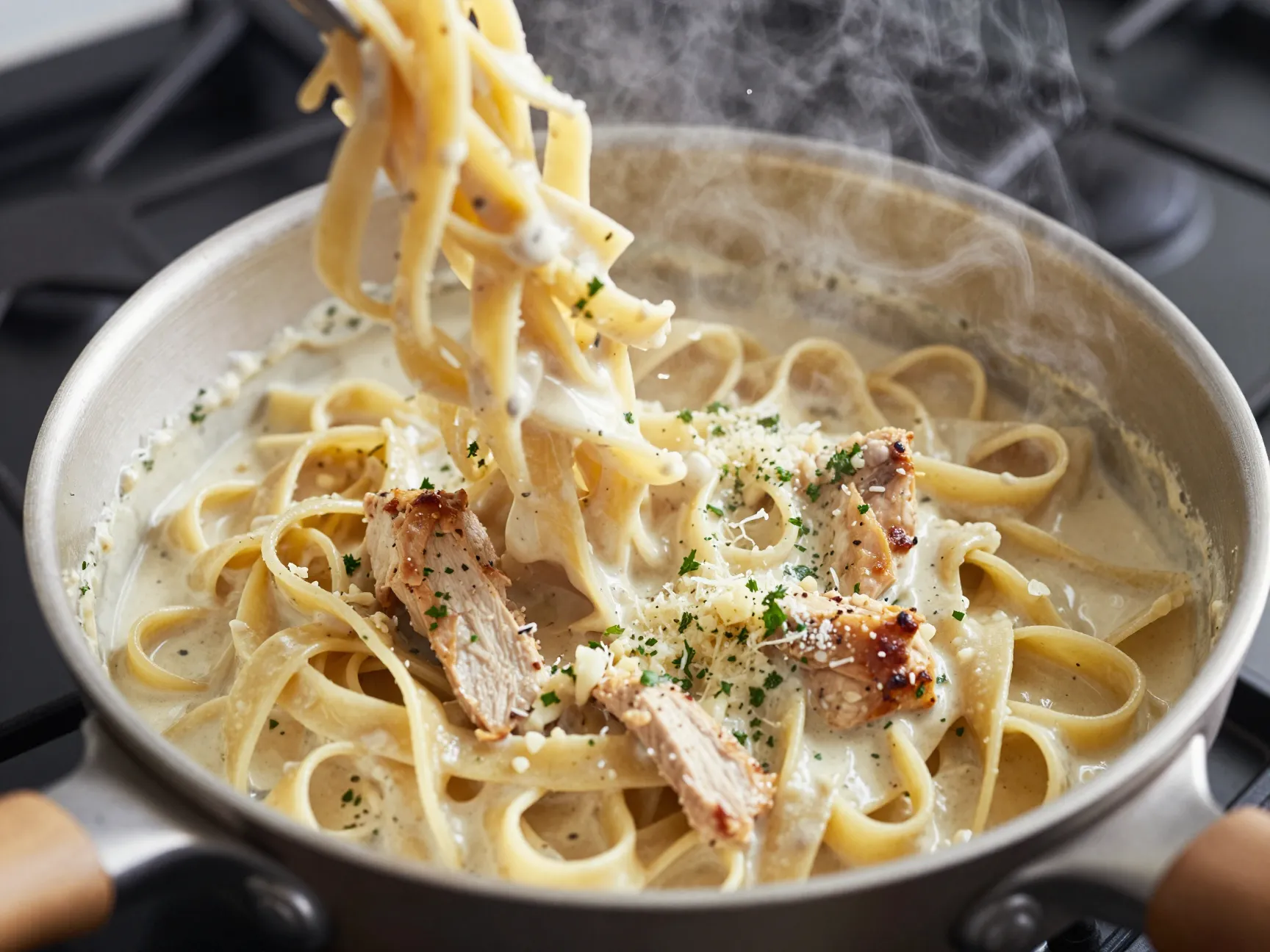Creamy chicken alfredo pasta in a large saucepan
