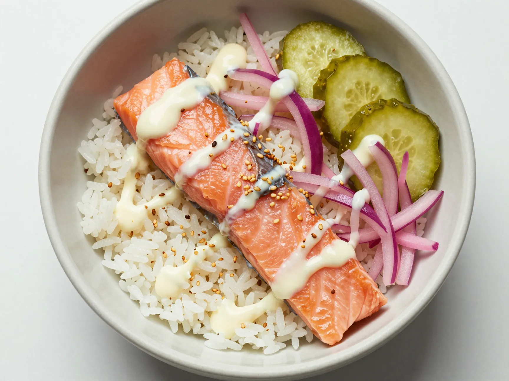 Marry me salmon rice bowl with pickled vegetables