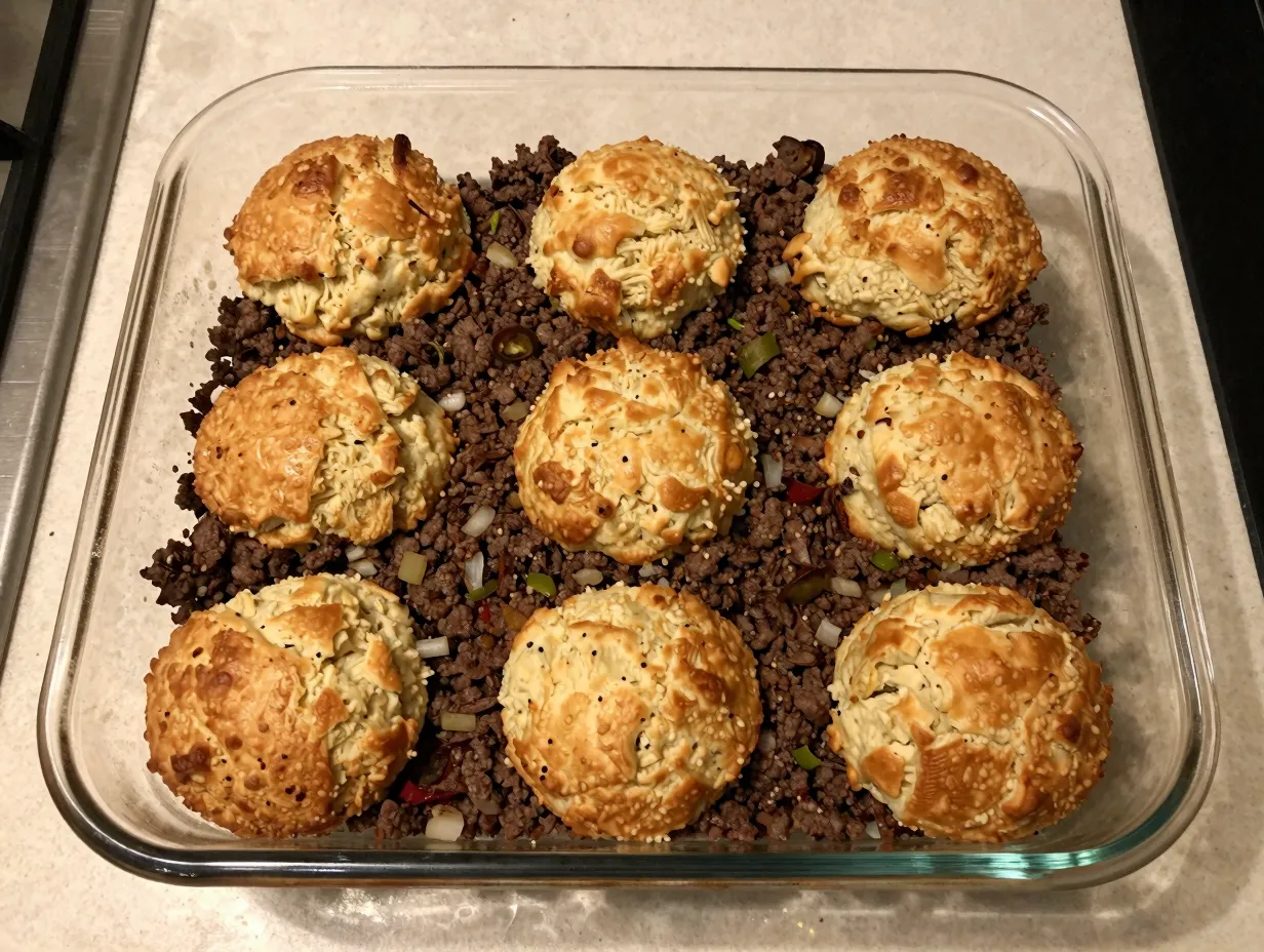 A golden topped hamburger pie fresh from the oven