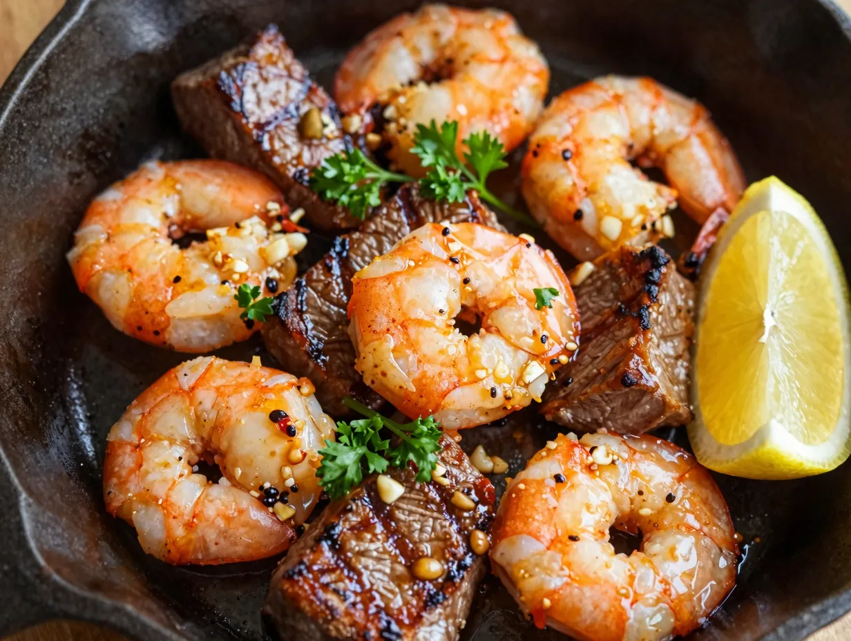 Garlic butter skillet steak and shrimp