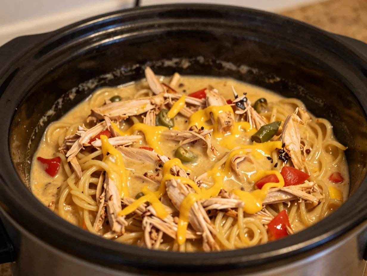 Cheesy crockpot chicken spaghetti for busy weeknights