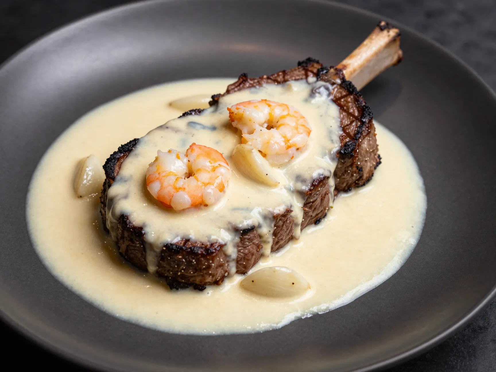 Classic pan seared steak with creamy garlic shrimp