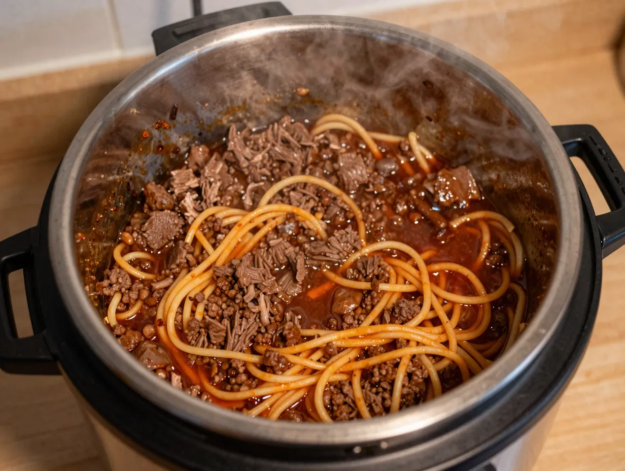 A rich spaghetti dish cooking directly in an instant pot