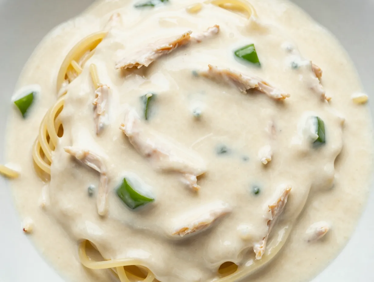 Creamy crockpot chicken spaghetti with cream cheese base
