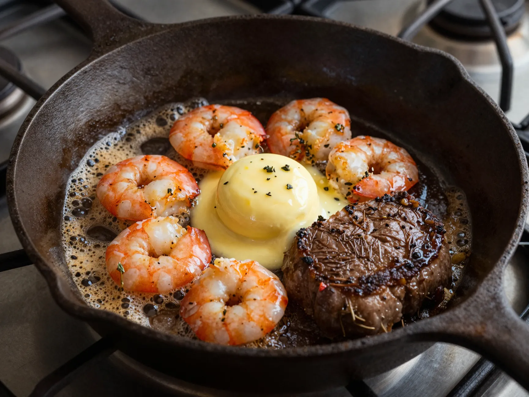 Steak and shrimp skillet with herb butter