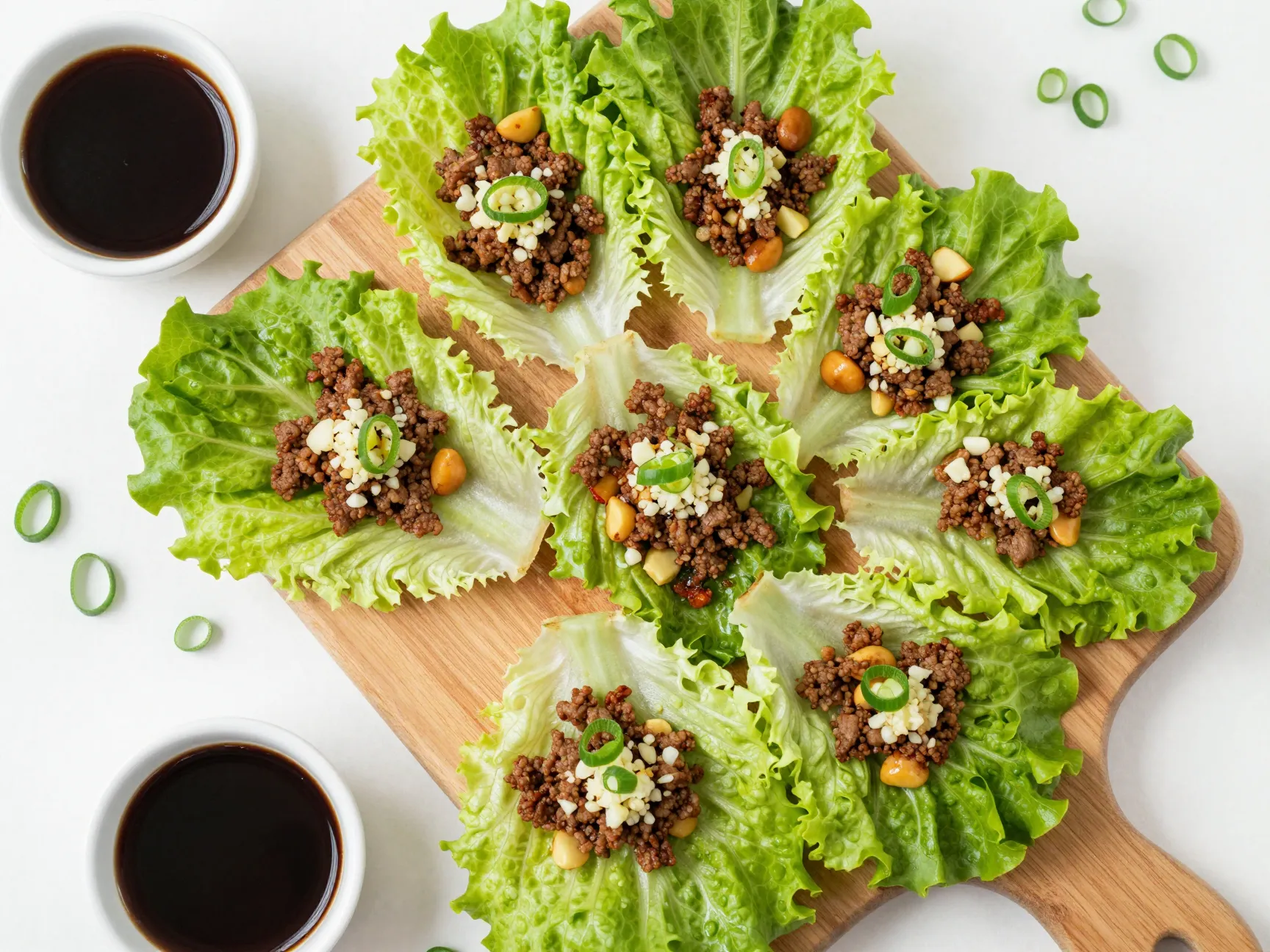 Fresh beef lettuce wraps arranged on a wooden serving board