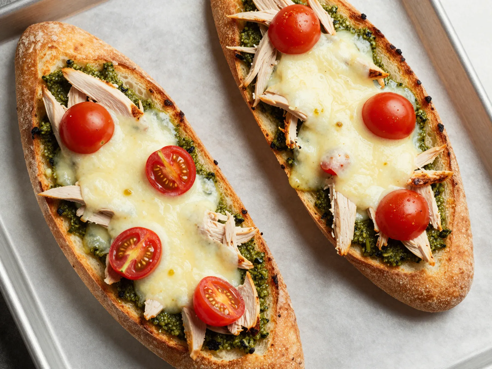 A crispy french bread pizza with pesto and chicken