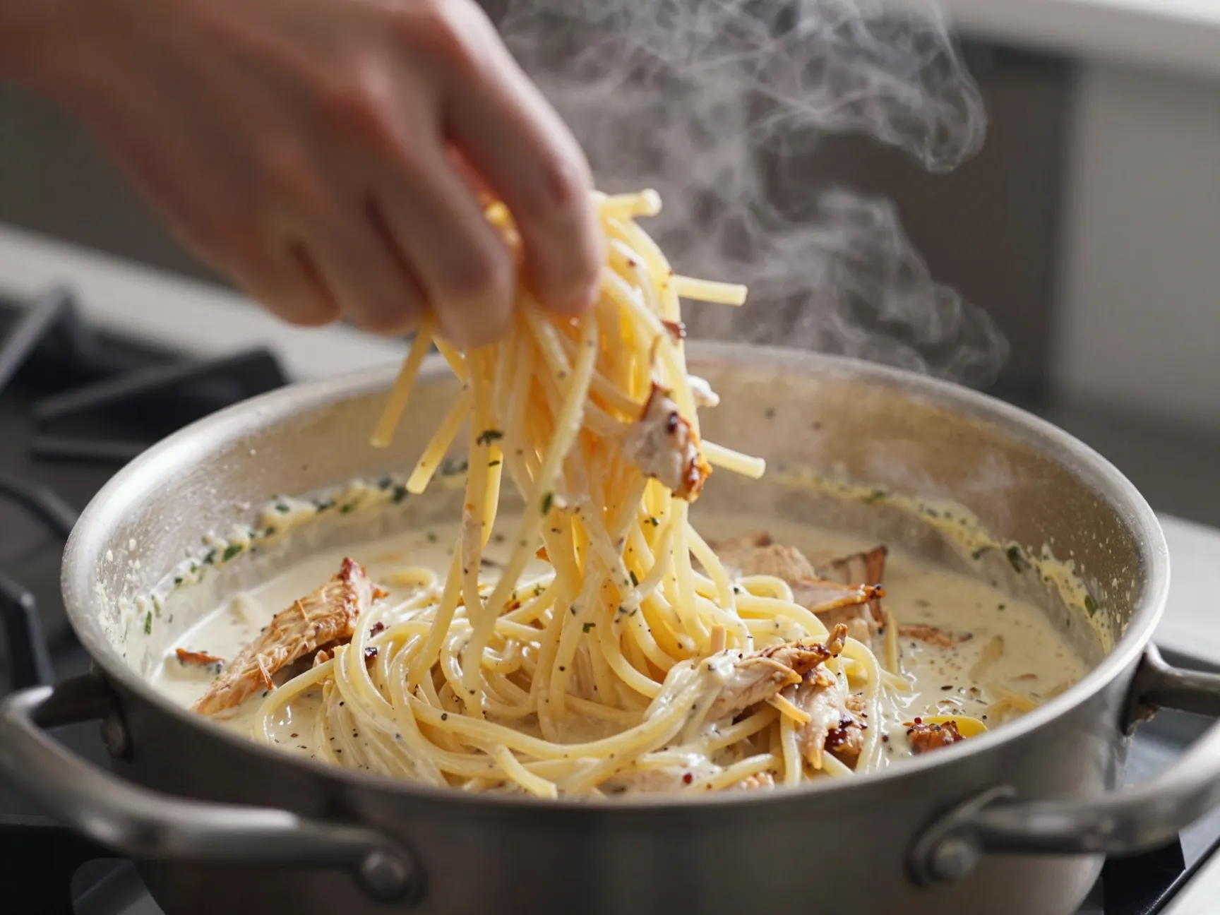 Quick cheesy chicken spaghetti with rotisserie chicken