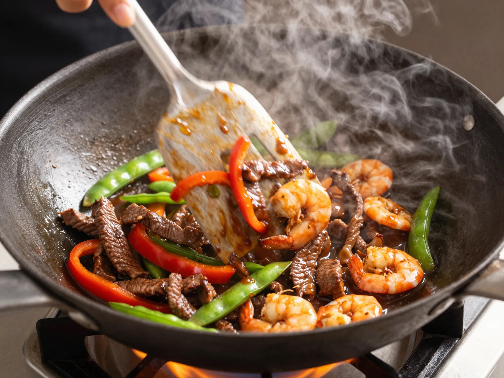 Surf and turf stir fry with teriyaki sauce