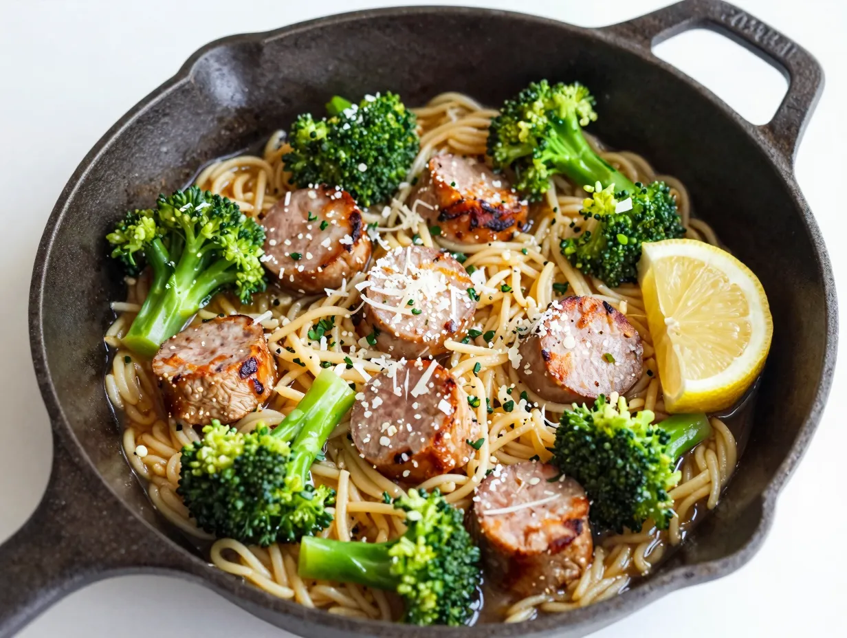 A one pan orzo skillet with chicken sausage and broccolini