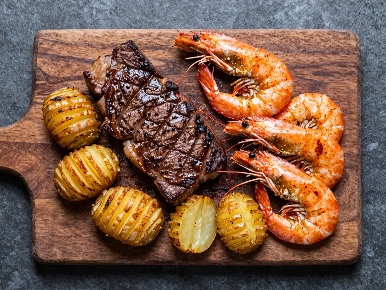 Beef fillet with spiced prawns and hasselback potatoes