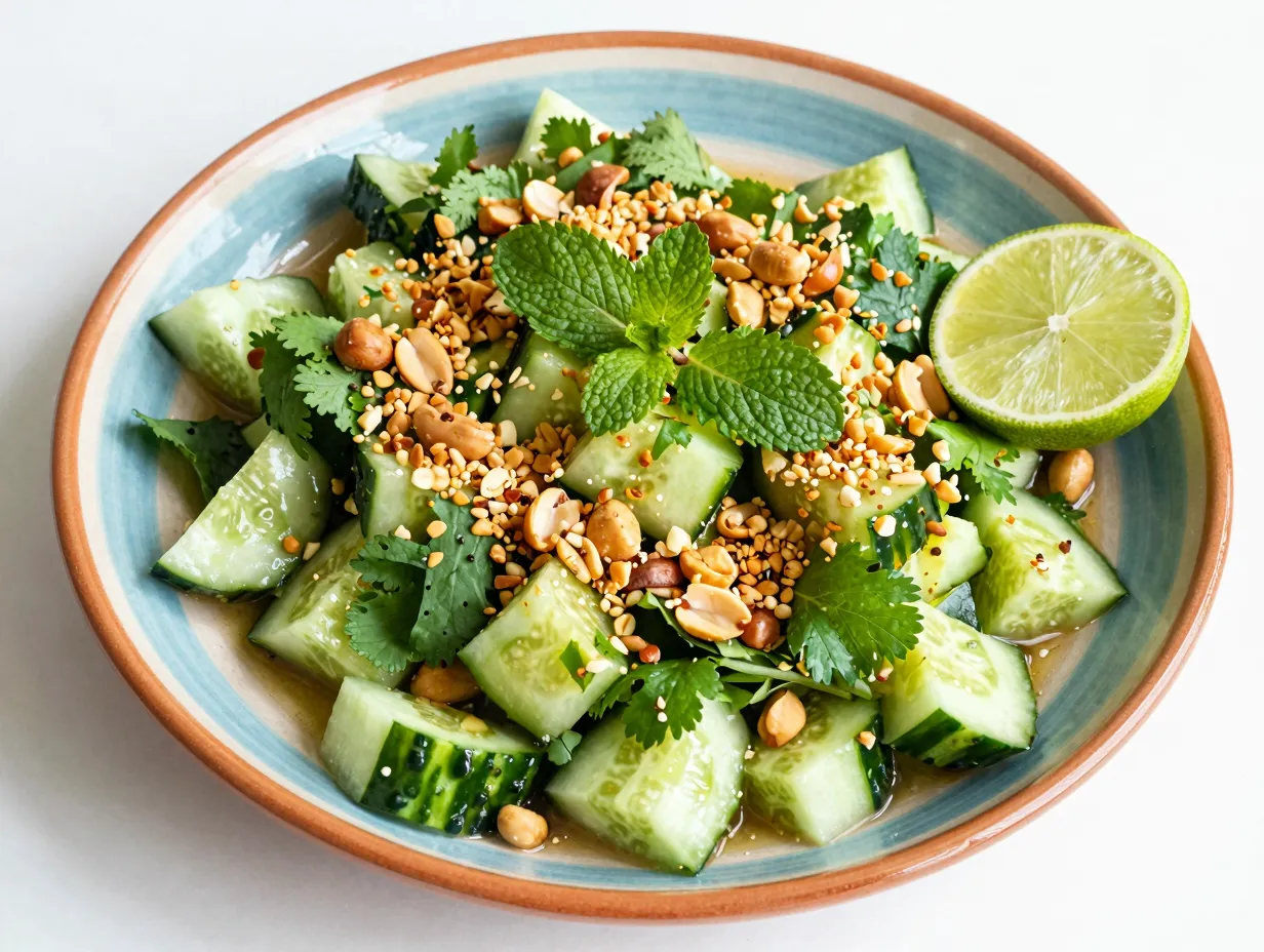 Smashed cucumber salad with peanuts and herbs