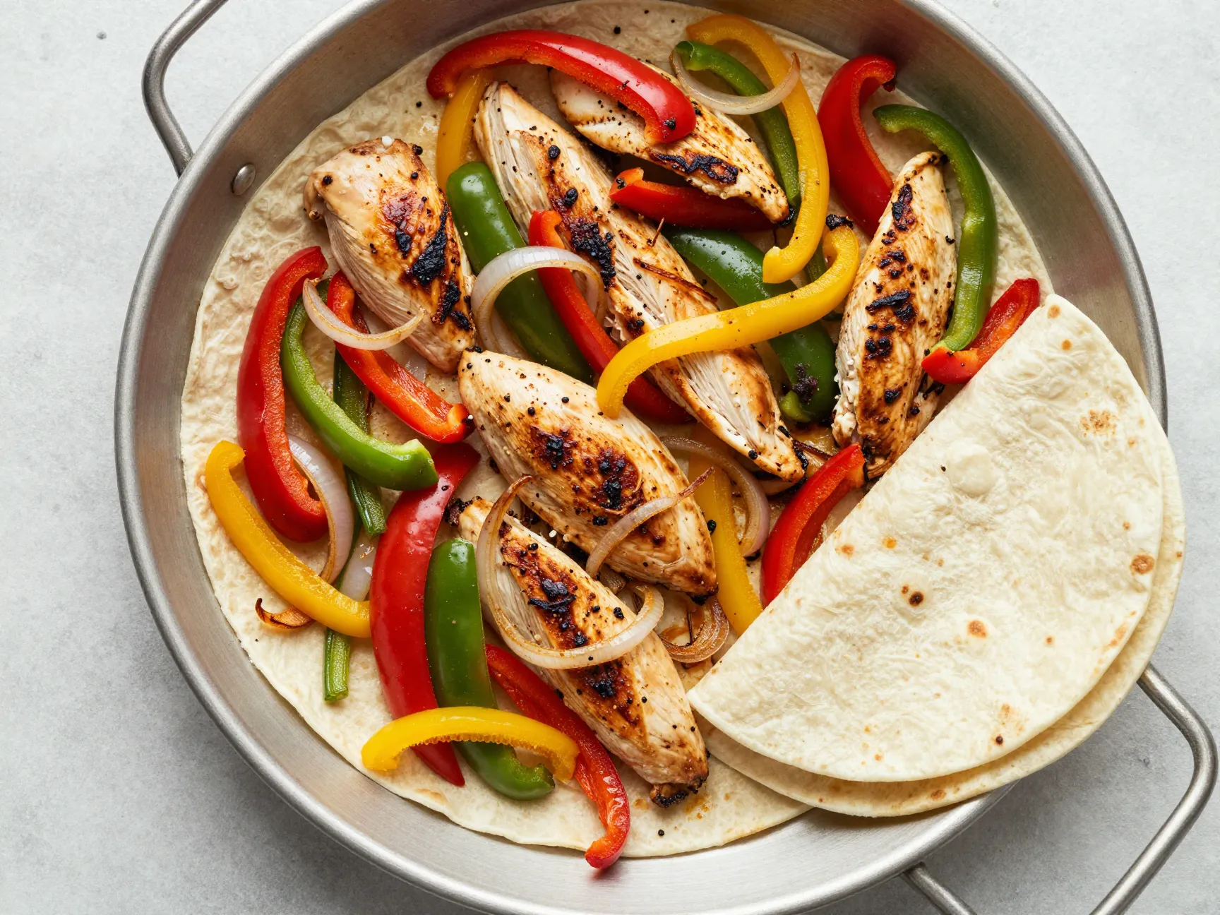 Colorful sheet pan chicken fajitas fresh from the oven