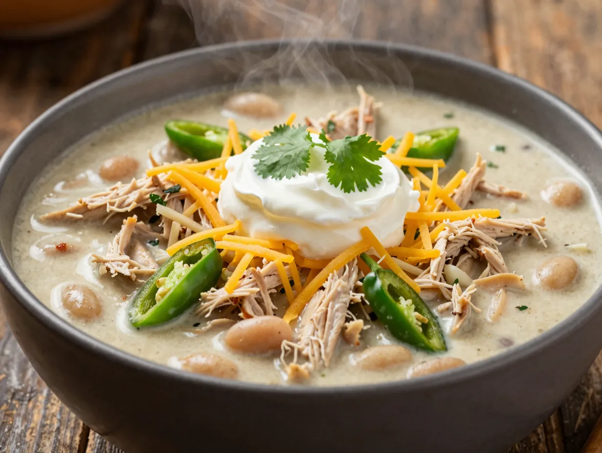 A steaming bowl of white chicken chili with toppings