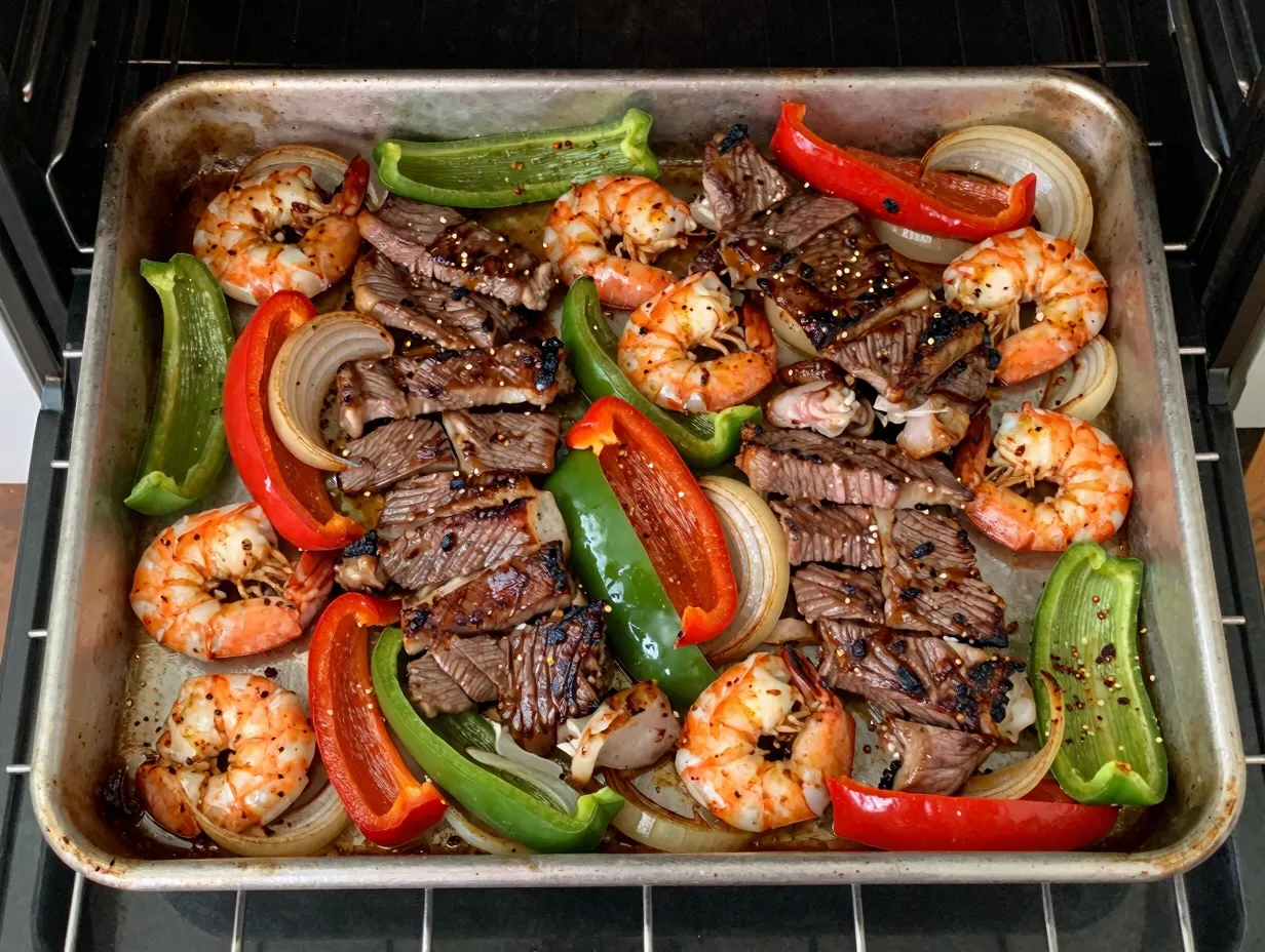 Sheet pan steak and shrimp fajitas