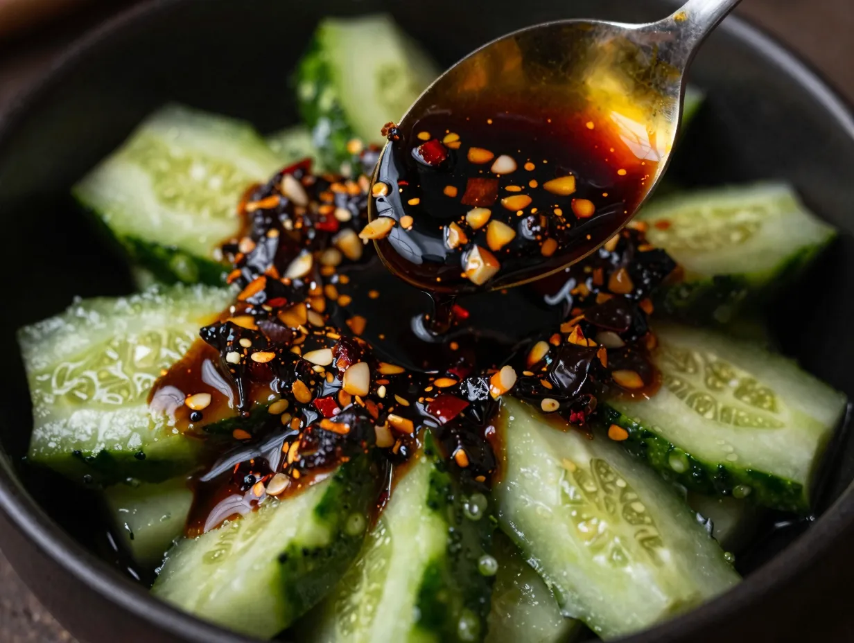 Smashed cucumber salad with black vinegar and chili crisp