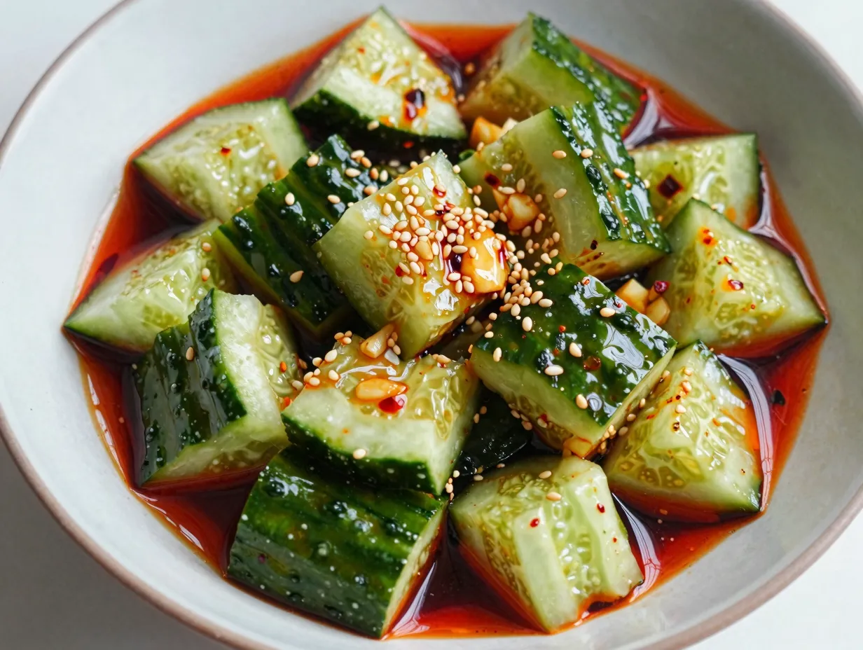 Classic chinese smashed cucumber salad with garlic and chili oil