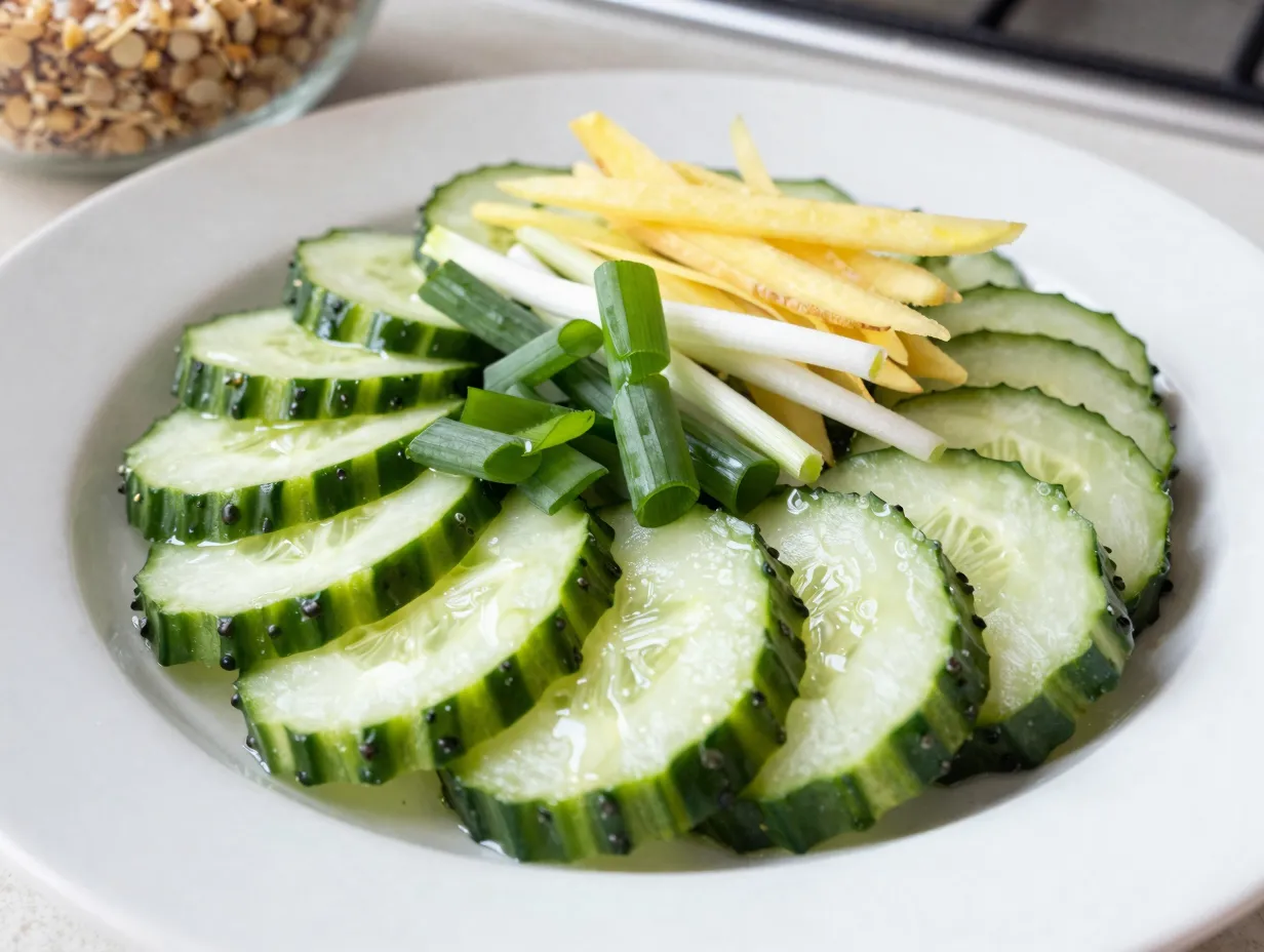 Beaming bakers fresh and spicy asian cucumber salad with ginger chili dressing