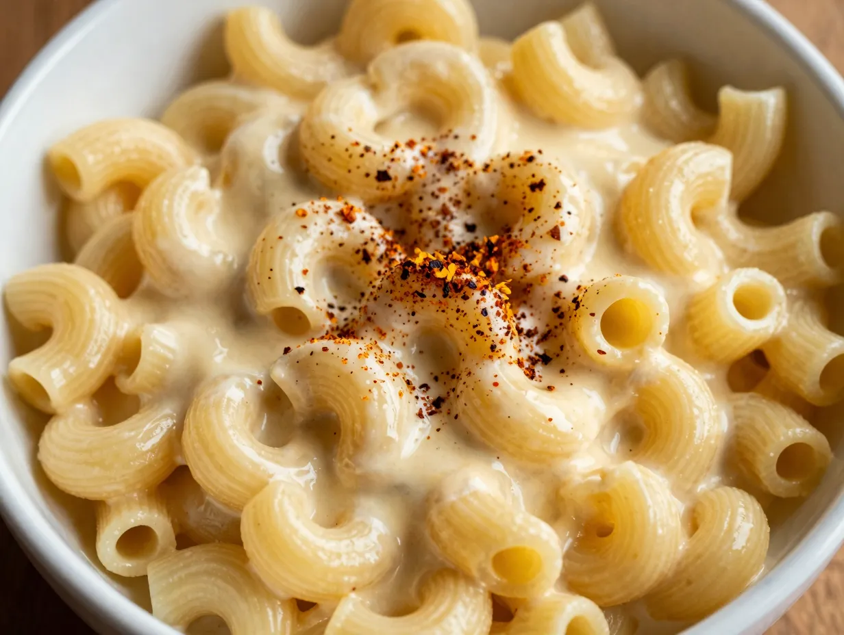 A creamy white cheddar sauce coating macaroni pasta