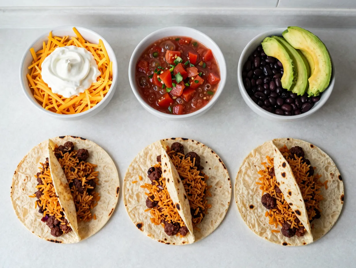 Spicy chili burritos with customizable toppings arranged nearby