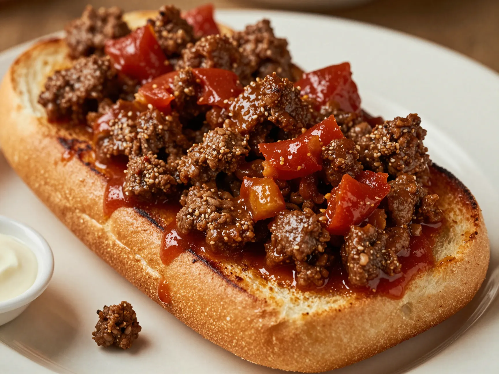 Tangy ground beef sloppy joe mixture on a toasted bun