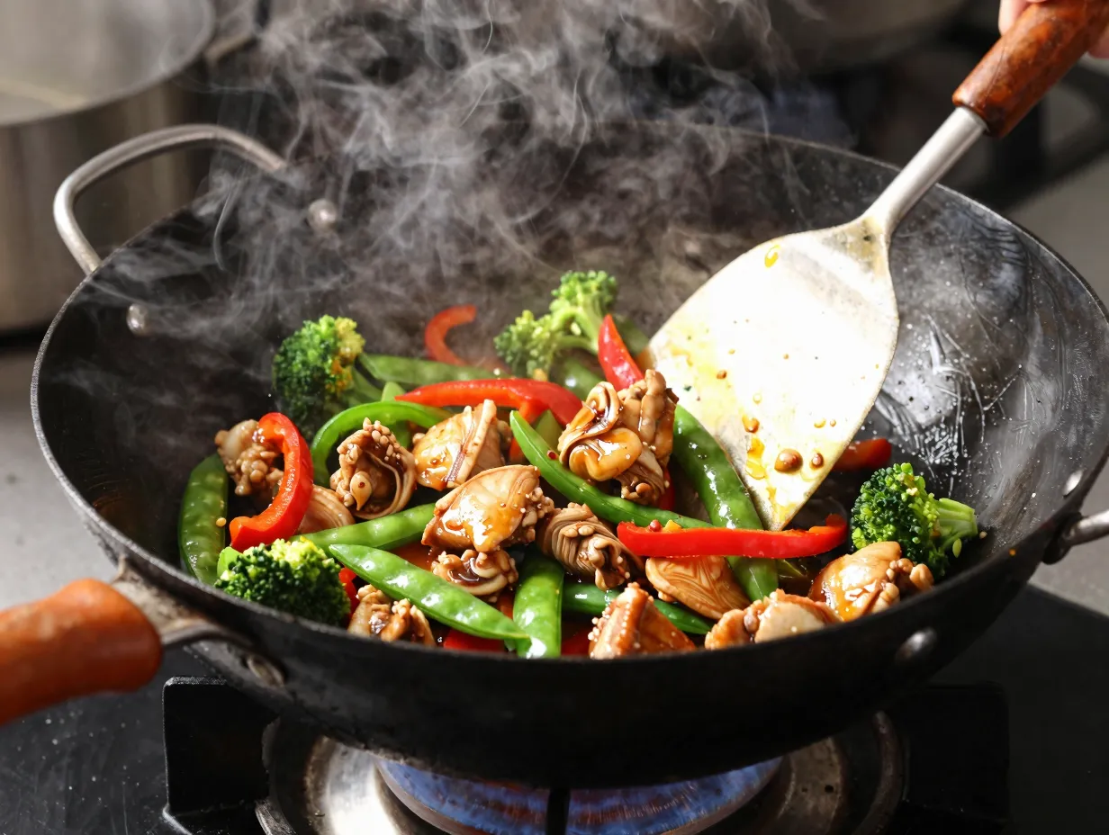 Ginger chicken stir fry with colorful vegetables in a wok
